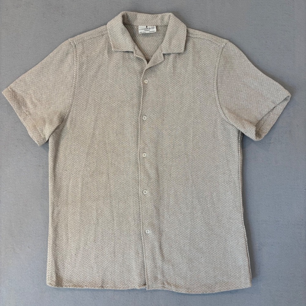 Larsson & Co Premium Mens Beige Herringbone Short Sleeve Camp Shirt Size M